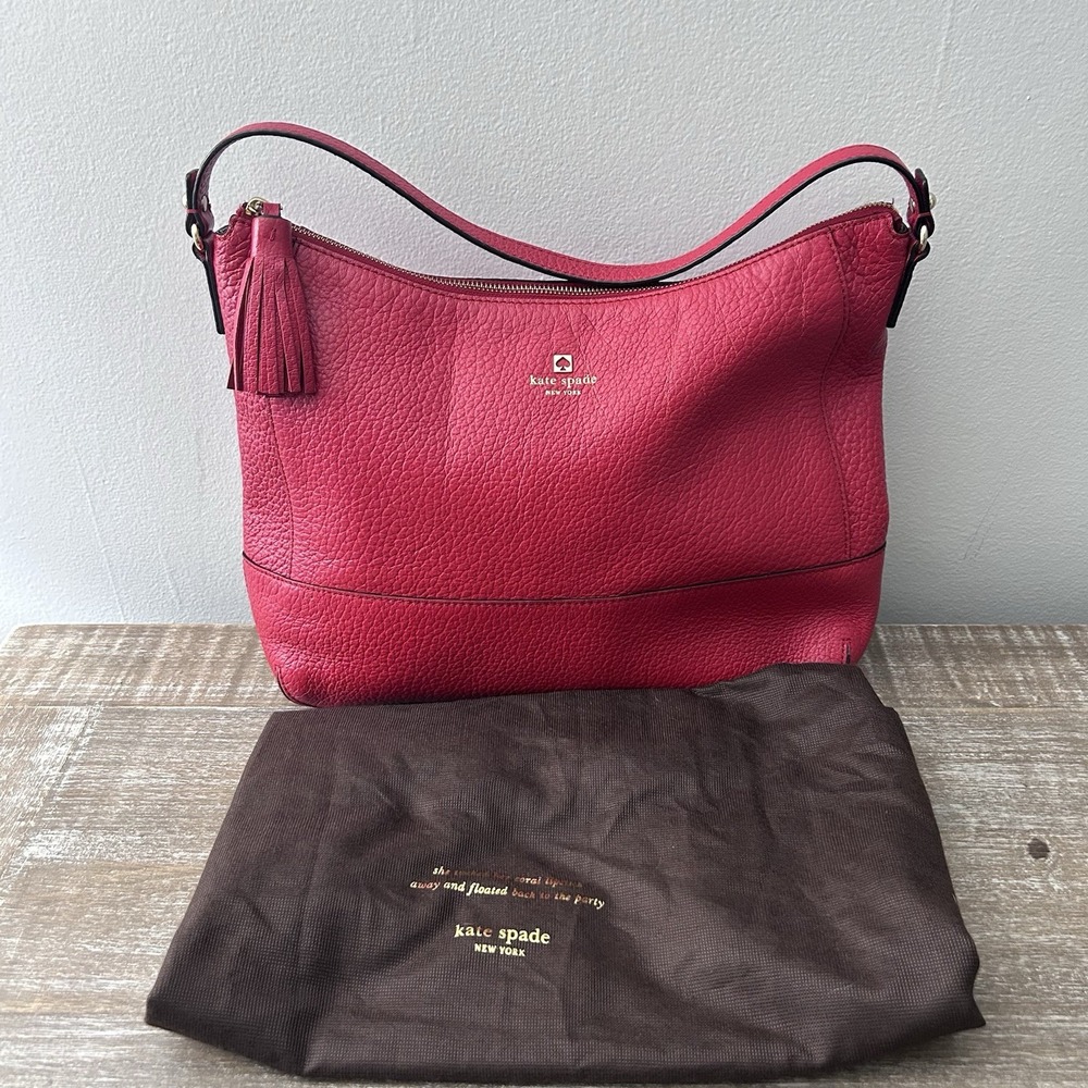 Kate Spade Pebbled Leather Hobo Style Shoulder Bag Purse Dust Bag Red Gold